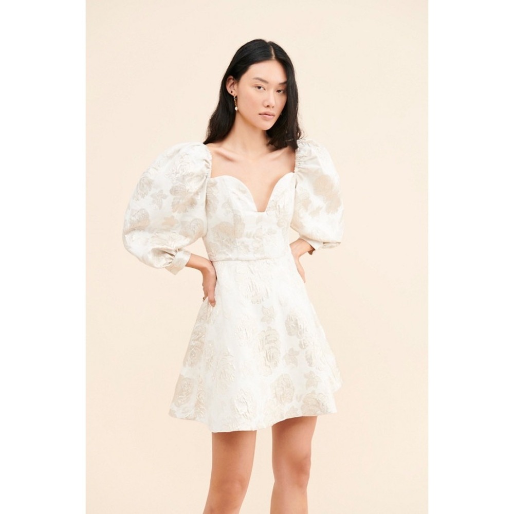 Maison Amory Princess Floral Brocade Mini Dress Puff Sleeve Sweetheart Size L
